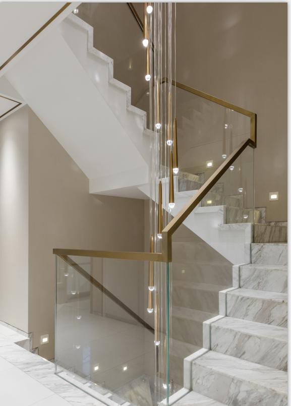 Volakas White Marble Steps White Glass and Gold Handrail