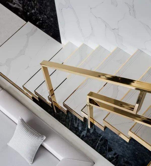 Calacatta White Marble Staircases With Gold SS304 Handrail