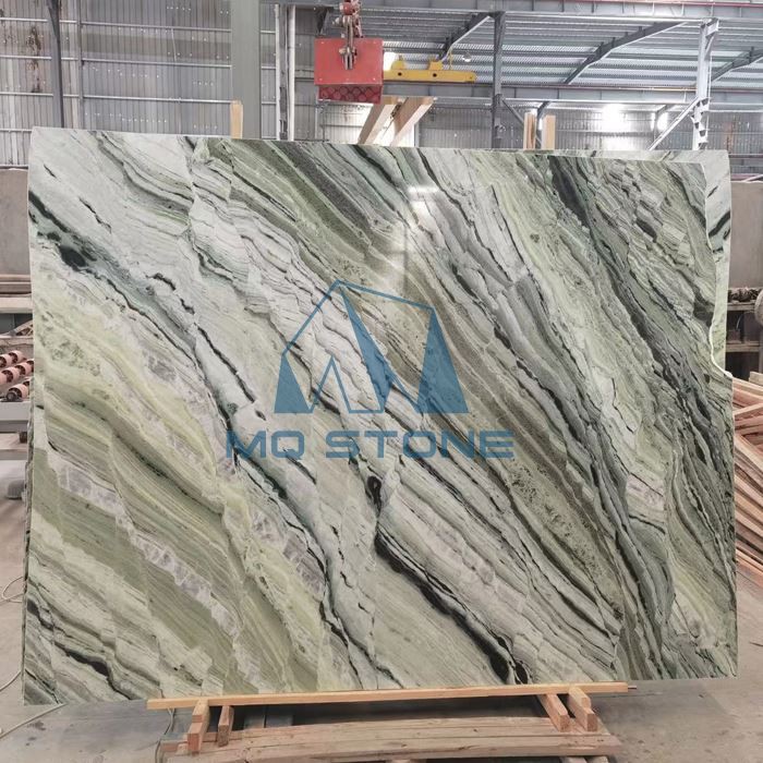 Polished green marble slab